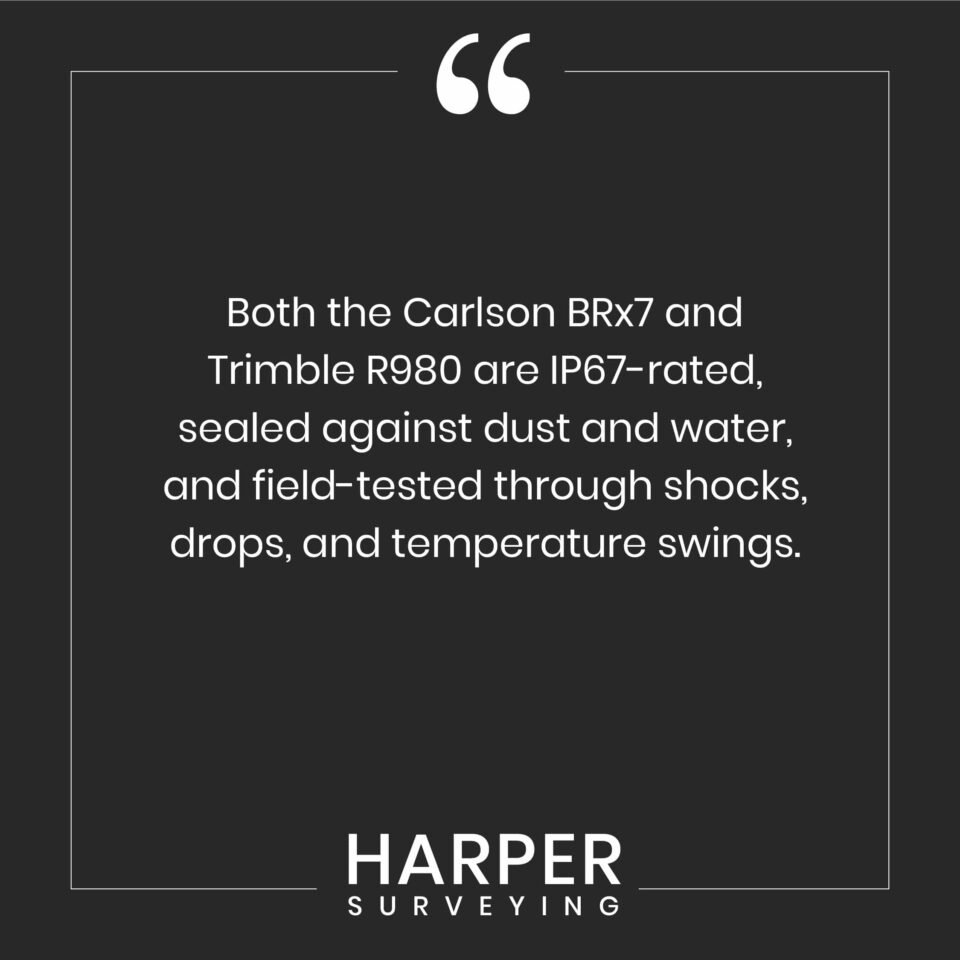 Both the Carlson BRx7 and Trimble R980 are IP67-rated, sealed against dust and water, and field-tested through shocks, drops, and temperature swings.